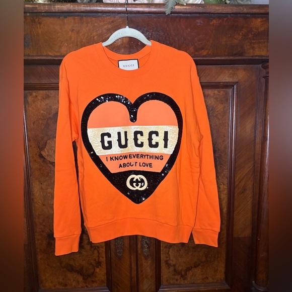 GUCCI- I Know Everything About Love- Sequin Orange Heart Sweatshirt. Siz… - Picture 4 of 15